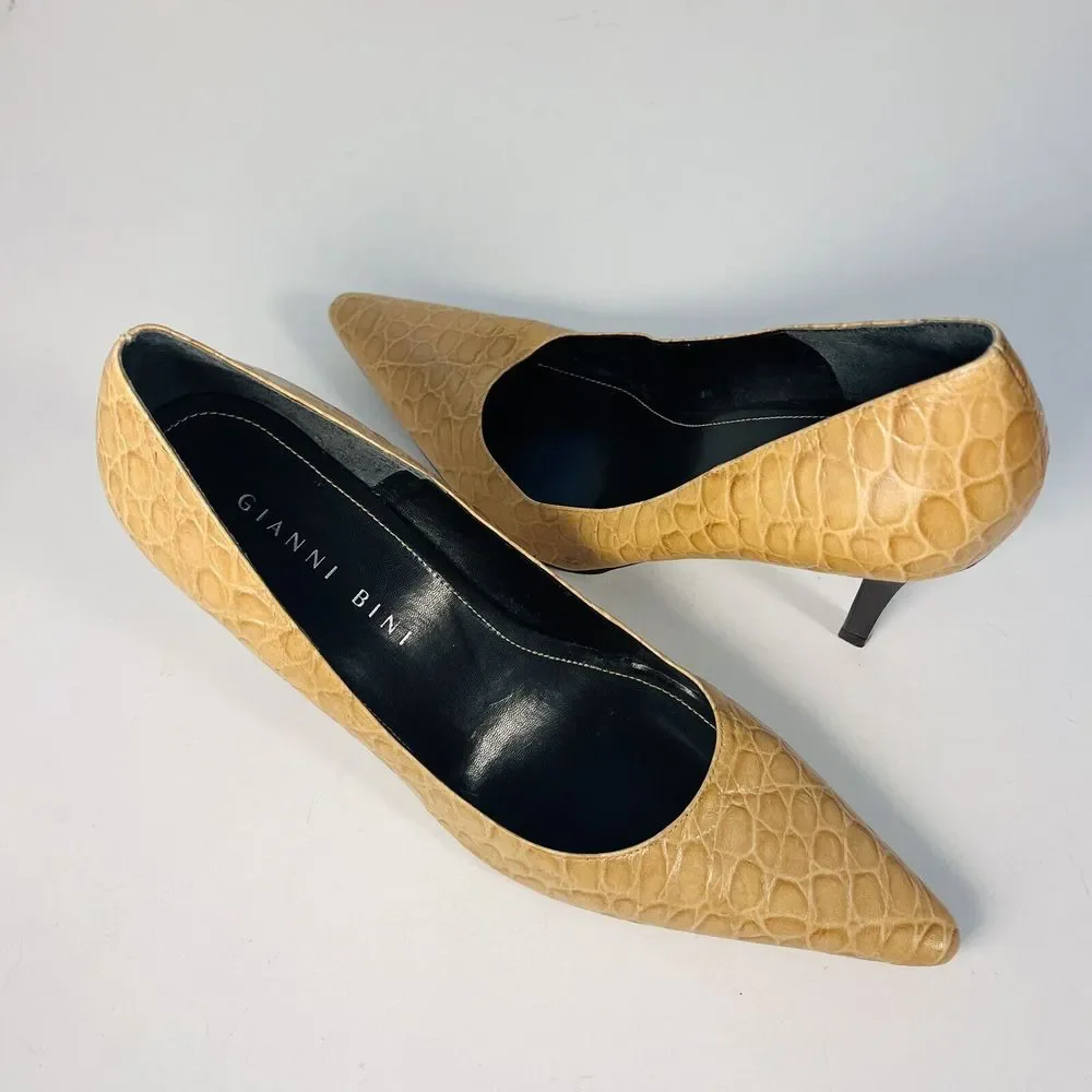GIANNI BINI Tan Camel Yellow Crocodile Croc Alligator Leather Kitten Heels 6.5 M